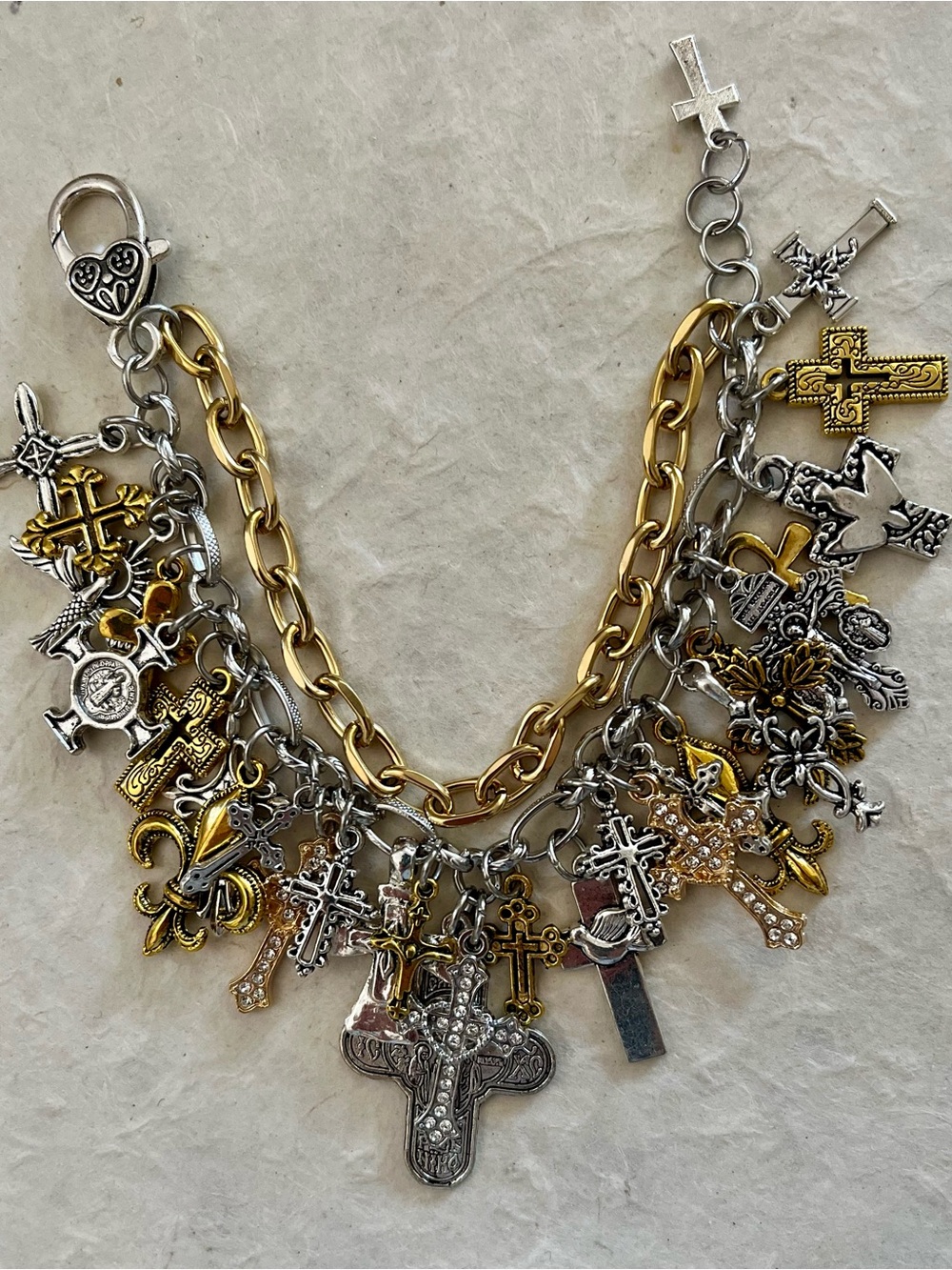 Multi Cross Charm Bracelet Silver and Gold Tone